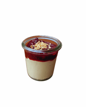 Brotmiso-Karamellmousse mit Birne in Rotwein und Nusskrokant