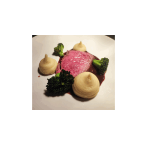 Local roast beef with red wine sauce, mashed potatoes, and broccoli