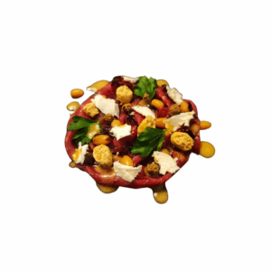 Local beef carpaccio with porcini cream, fresh goat cheese, taralli chips, and miso dressing