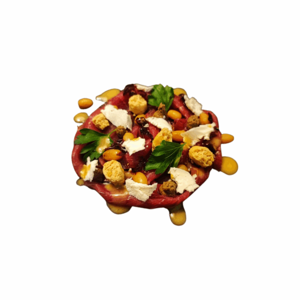 Local beef carpaccio with porcini cream, fresh goat cheese, taralli chips, and miso dressing