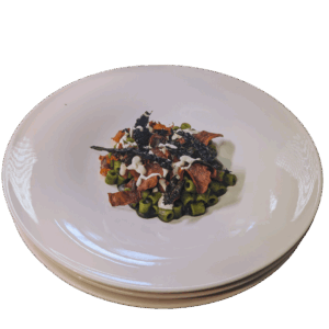 Pasta risottata with black cabbage cream, miso, fermented lemon and vegetable potato chips