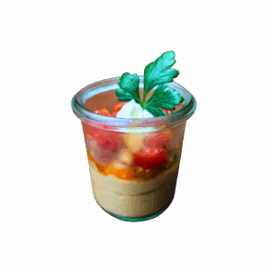 Hummus con melanzane brasate, cocktail di pomodori e olio al basilico