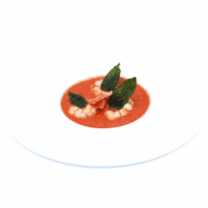 Gazpacho mit Basilikum und konfierten Riesengarnelen