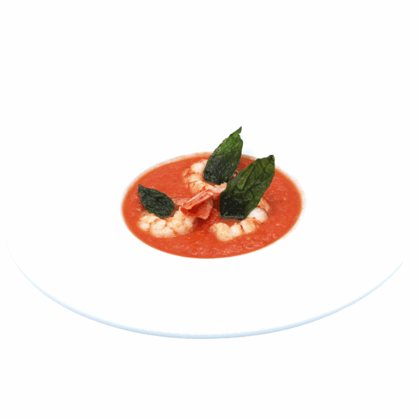 Gazpacho mit Basilikum und konfierten Riesengarnelen