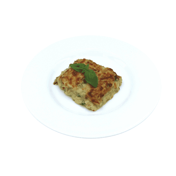 Lasagna con verdure grigliate, mozzarella di bufala, basilico e pomodori al forno