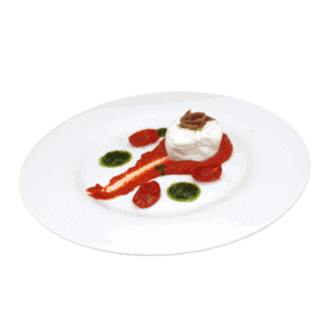 Mozzarella burrata con pomodori al forno, acciughe cantabriche, basilico e olive taggiasche
