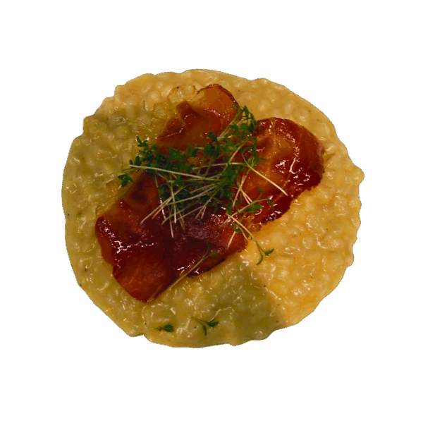 Orzotto - Gerstenrisotto  mit Apfel, Sekt, Speckchips und Schnittlauchöl