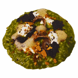 Risotto with spinach, Cantabrian anchovies and burrata