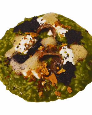 Risotto con spinaci, acciughe del Cantabrico e burrata