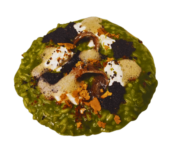 Risotto con spinaci, acciughe del Cantabrico e burrata