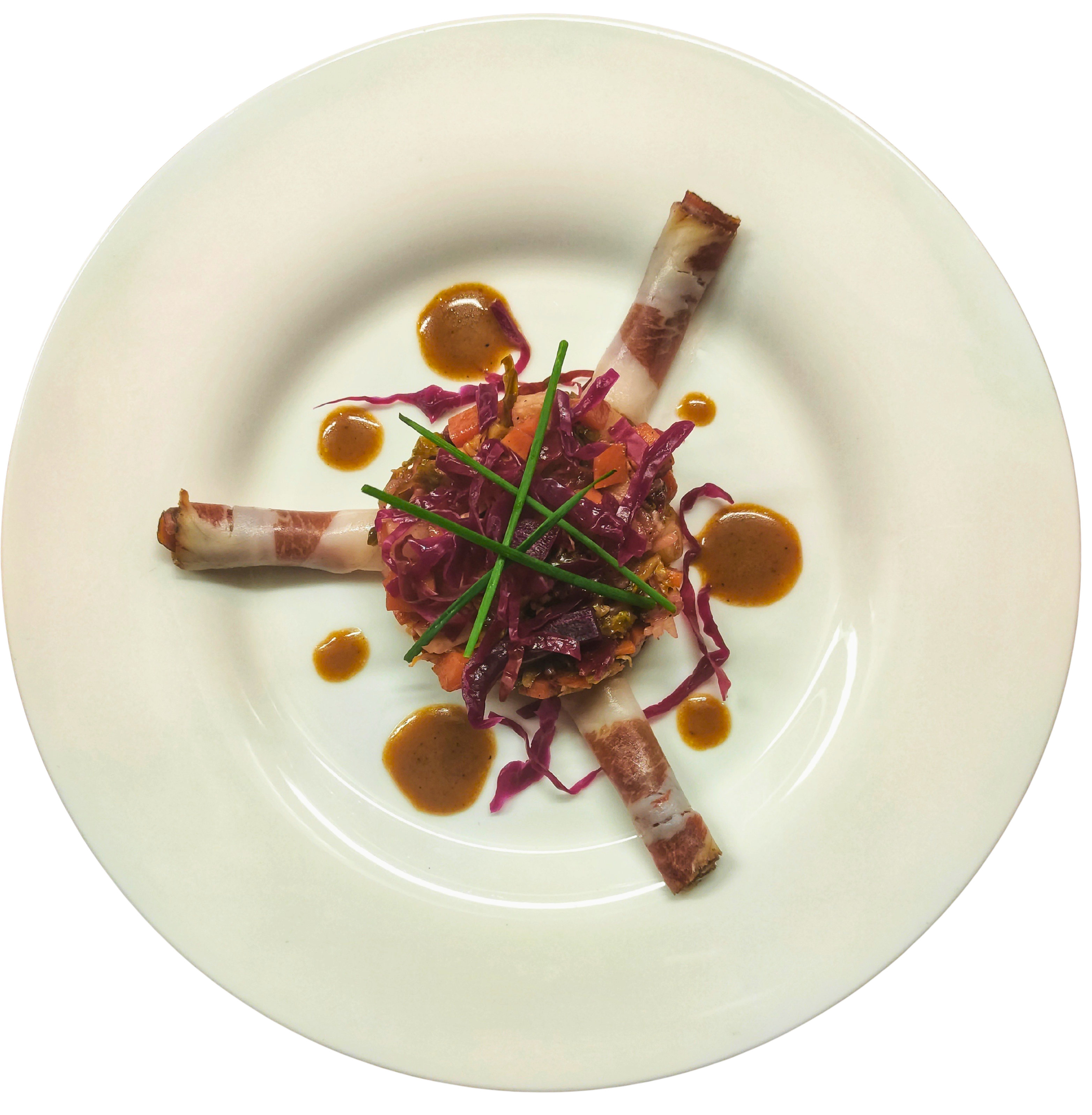 Involtini di pancetta (carne locale), insalata di orzo con kimchi rosso e crema di miso, erba cipollina