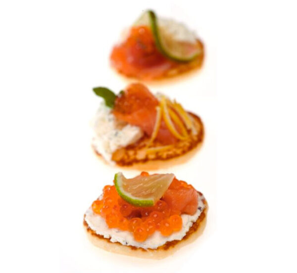 Buckwheat blinis with smoked trout or salmon and Krensauer cream